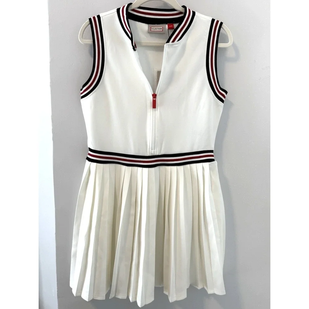 NWT Hunter Pleated Tennis Dress Mini Front Zip Sleeveless White Varsity Preppy M - Picture 2 of 12